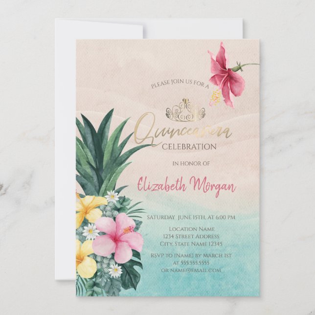 Hibiscus Pineapple Summer Quinceañera Invitation (Front)