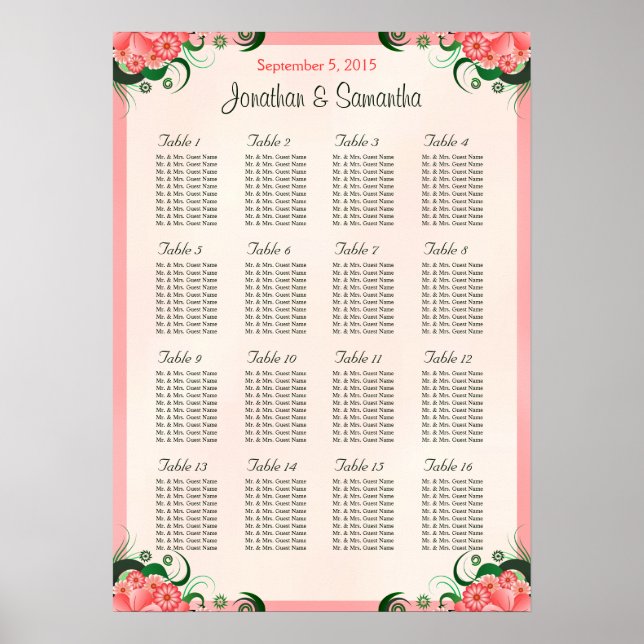 Hibiscus Pink 16 Wedding Tables Seating Charts (Front)