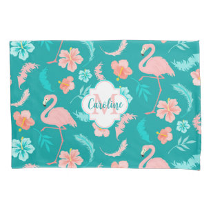 Hibiscus Pink Flamingo Tropical Teal Pillowcase