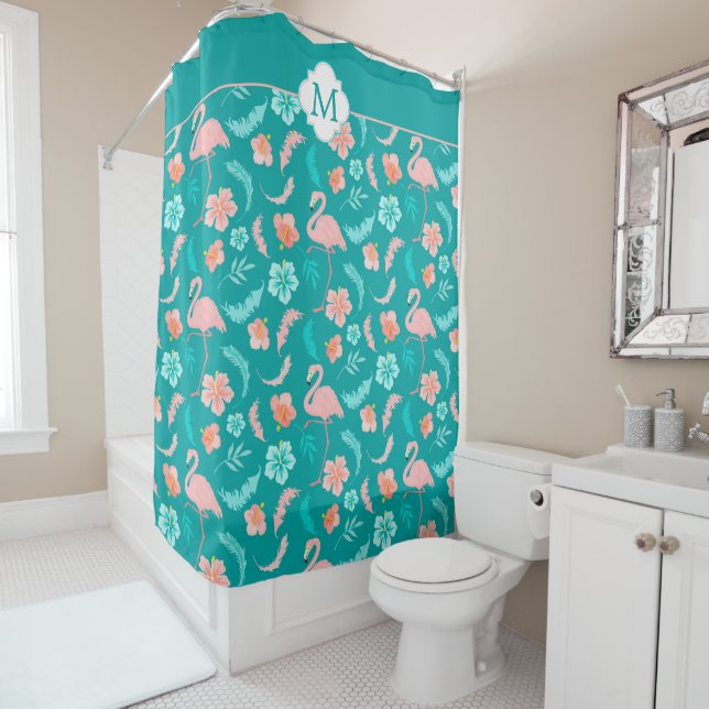 Hibiscus Pink Flamingo Tropical Teal Shower Curtain (In Situ)