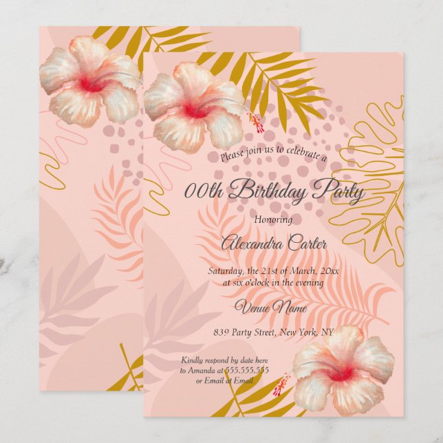 Hibiscus Pink Tropic Floral Birthday Party Invitation (Front/Back)