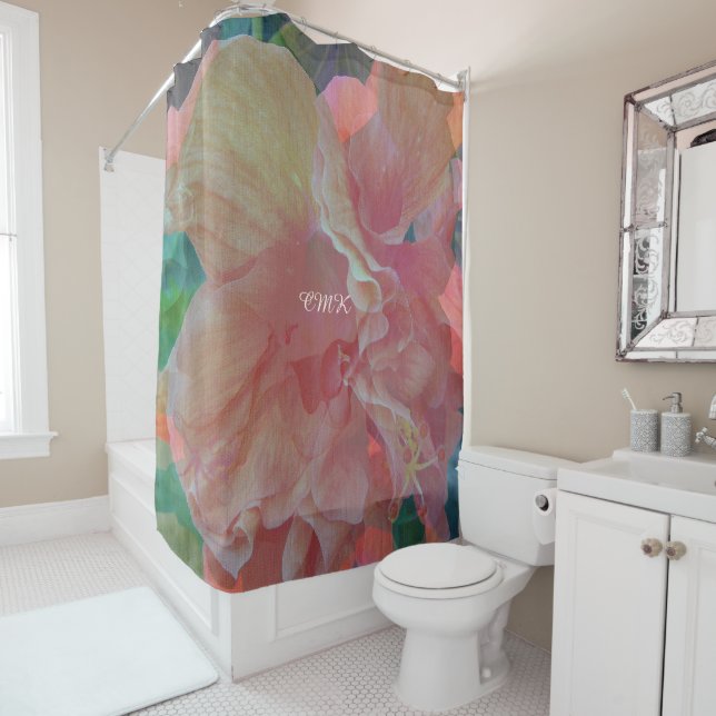 Hibiscus Pique Fabric Monogram Shower Curtain (In Situ)