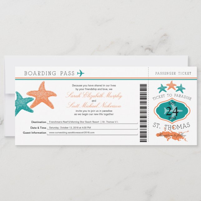 Hibiscus St. Thomas Boarding Pass Wedding Invitation (Front)