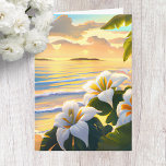 Hibiscus Tropical Birthday Card<br><div class="desc">Tropical birthday card with a spectacular sunset,  palm trees,  hibiscus flowers,  and ocean waves. Personalise with your own saying if you would like.</div>