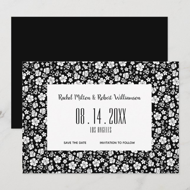 Hibiscus Tropical Black and White Wedding Save The Date (Front/Back)
