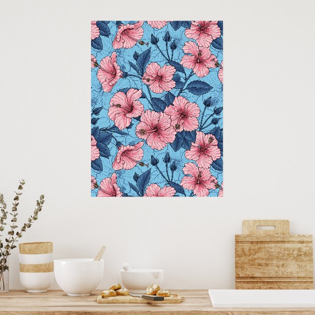 Hibiscus Tropical Floral Pattern Poster (Kitchen)