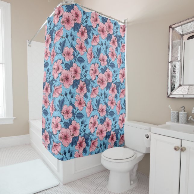 Hibiscus Tropical Floral Pattern Shower Curtain (In Situ)