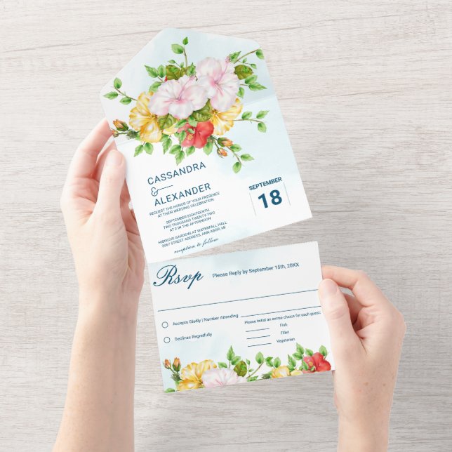 Hibiscus Tropical Floral Wedding All In One Invitation (Tearaway)