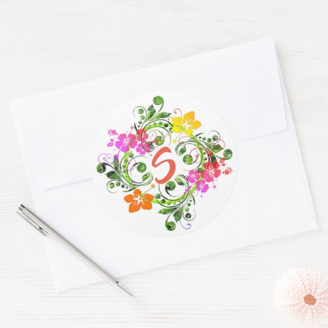 Hibiscus tropical floral wreath green pink yellow classic round sticker (Envelope)
