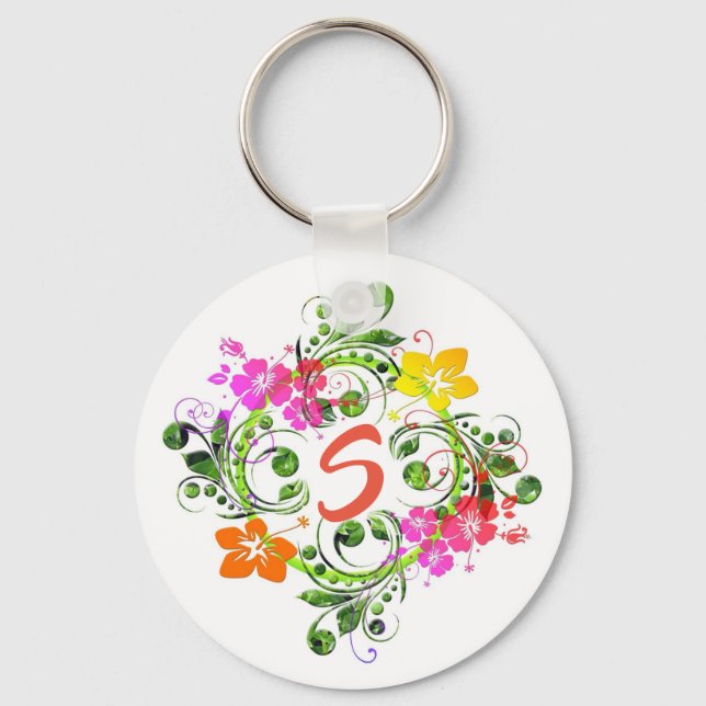 Hibiscus tropical floral wreath white green pink key ring (Front)