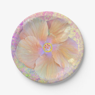 Hibiscus tropical flower iridescent pink gold cute paper plate