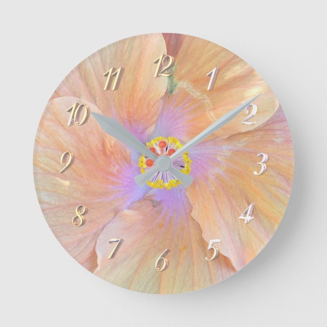 Hibiscus tropical flower pink and gold cute summer round clock (Front)