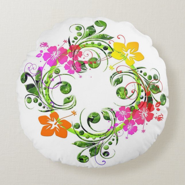 Hibiscus tropical flower wreath colourful Hawaiian Round Cushion (Front)