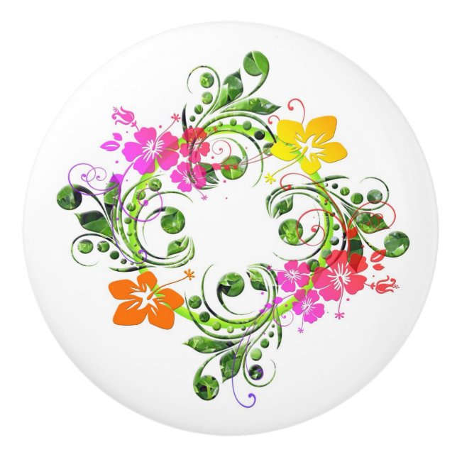 Hibiscus tropical flower wreath Hawaiian floral Ceramic Knob (Front)