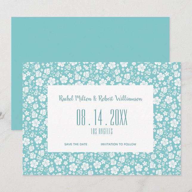 Hibiscus Tropical Turquoise Wedding Save The Date (Front/Back)