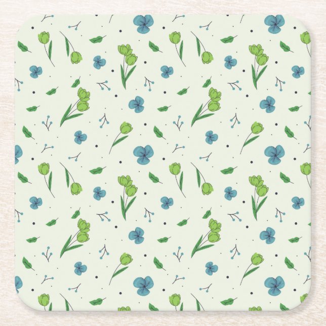 Hibiscus Watercolor Botanical Blooming Seamless Square Paper Coaster (Front)