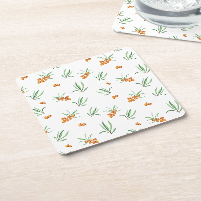 Hibiscus Watercolor Botanical Blooming Seamless Square Paper Coaster (Angled)