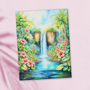 Hibiscus Waterfall In Tropical Garden Oil Painting Postcard