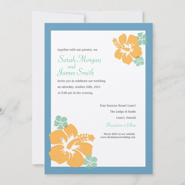 Hibiscus Wedding, hawaiian flowers, blue orange Invitation (Front)
