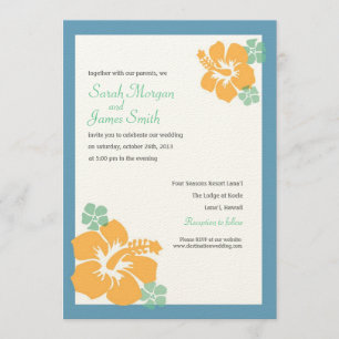 Hibiscus Wedding, hawaiian flowers, blue orange Invitation