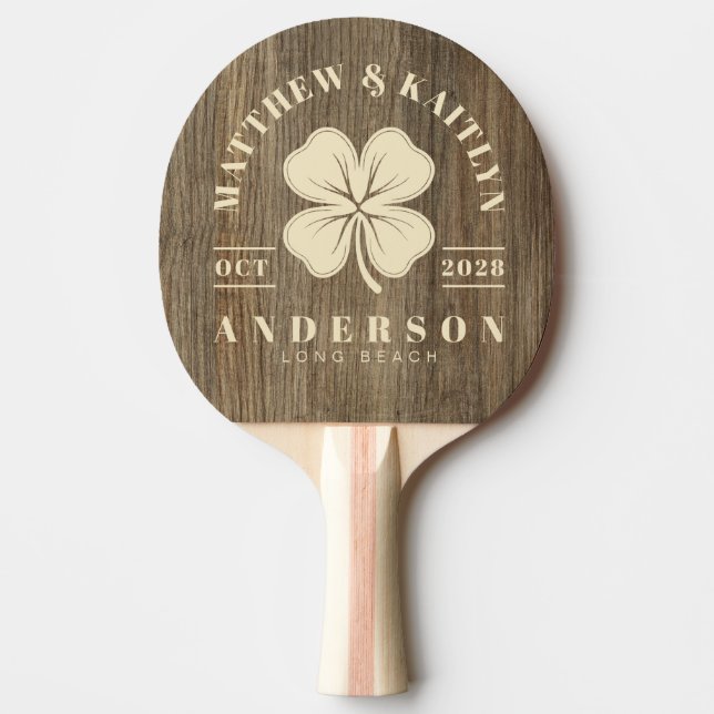 Hickory Wood Irish Clover Wedding Crest Ping Pong Paddle (Front)