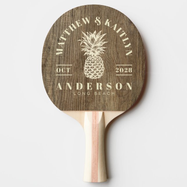 Hickory Wood Tropical Pineapple Wedding Ping Pong Paddle (Back)