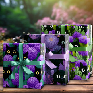 Hidden Black Cats in Dreamy Purple Floral Garden Wrapping Paper Sheet