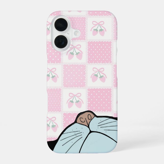 Hidden Cat Peeking Black Cat Cute Silly Pink Gingh iPhone 16 Case (Back)