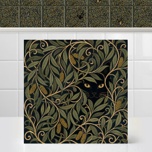 Hidden Cat Willow Foliage Pine Cones Vintage Art Tile