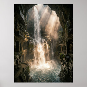 Hidden Cave Waterfall Sunlight Rays Poster
