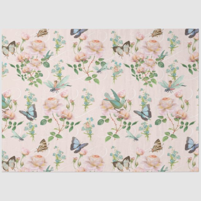 Hidden Fairy Blush Pink Floral Dragonfly Butterfly Tissue Paper (Front)