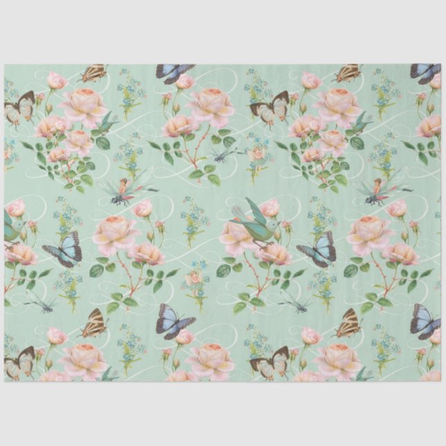 Hidden Fairy Pink Floral Mint Dragonfly Butterfly Tissue Paper (Front)