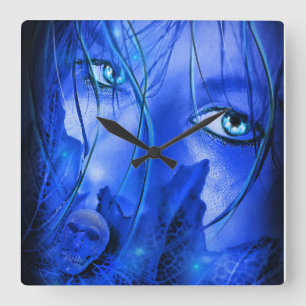 HIDDEN FEAR BLUE GIRL WITH SKULL SQUARE WALL CLOCK