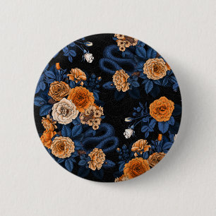 Hidden in the roses, orange and blue 6 cm round badge