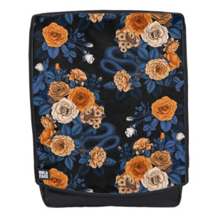 Hidden in the roses, orange and blue backpack