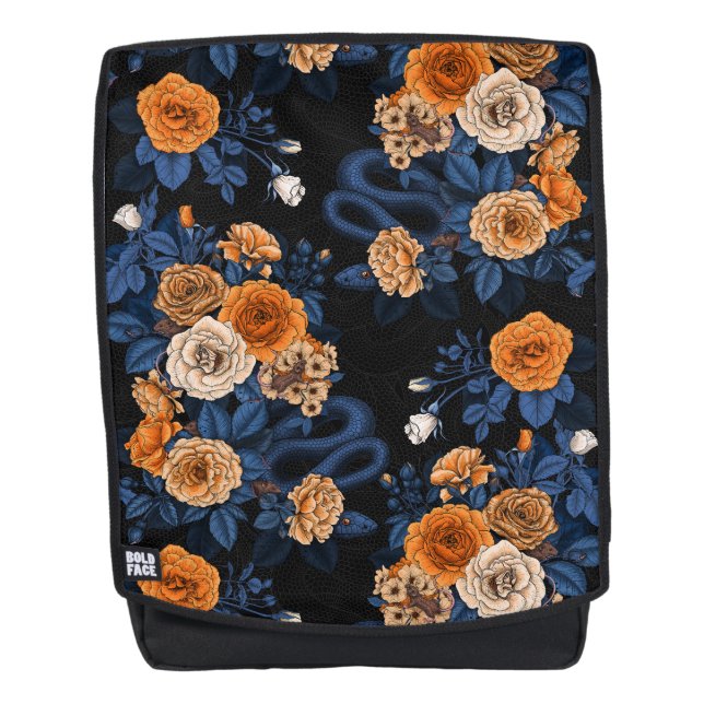 Hidden in the roses, orange and blue backpack (Front)