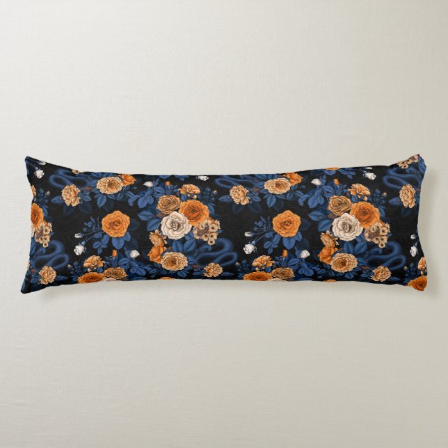 Hidden in the roses, orange and blue body cushion (Front)