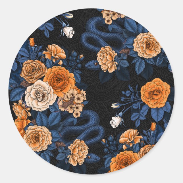 Hidden in the roses, orange and blue classic round sticker (Front)