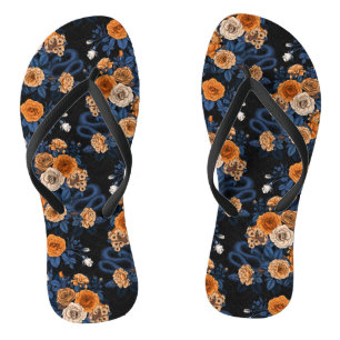 Hidden in the roses, orange and blue flip flops