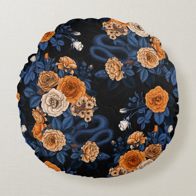 Hidden in the roses, orange and blue round cushion (Front)