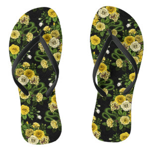 Hidden in the roses, yellow and green flip flops