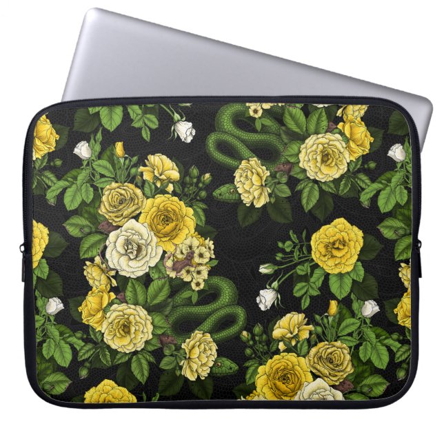 Hidden in the roses, yellow  and green laptop sleeve (Front)