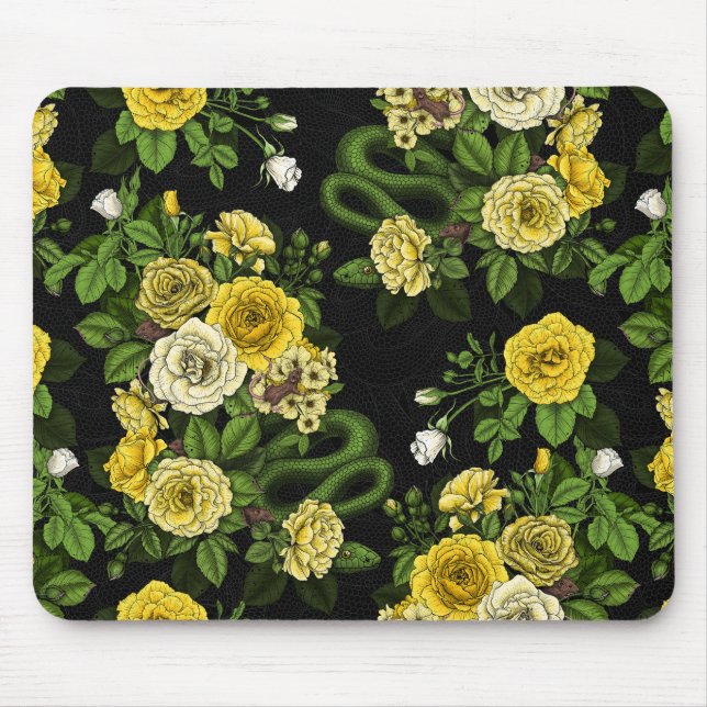 Hidden in the roses, yellow  and green mouse mat (Front)