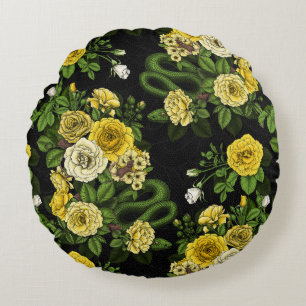 Hidden in the roses, yellow and green round cushion