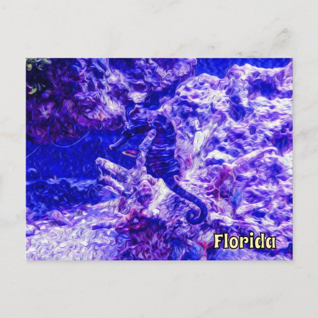 Hidden Seahorse Art in Purple and Blue Florida Postcard (Front)