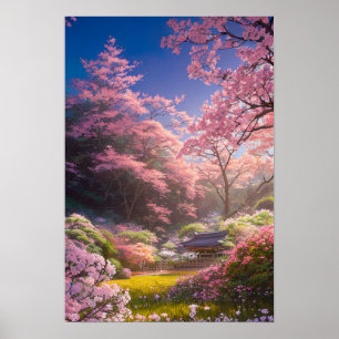 Hidden Wooden Shrine Amidst Blossoms Poster