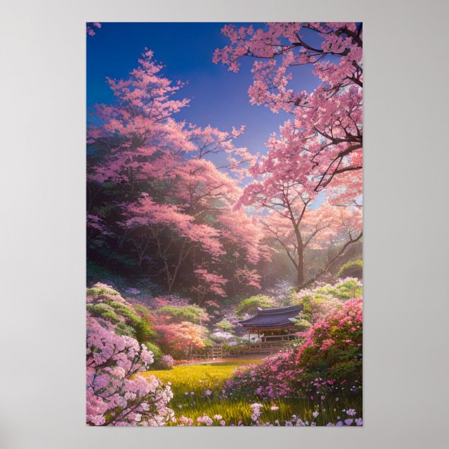 Hidden Wooden Shrine Amidst Blossoms Poster (Front)