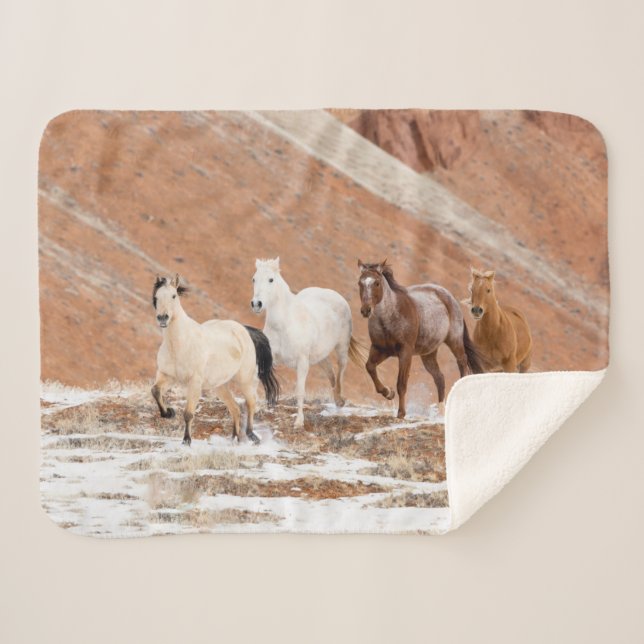 Hideout Ranch with Small Herd of Horses in Snow Sherpa Blanket (Front (Horizontal))