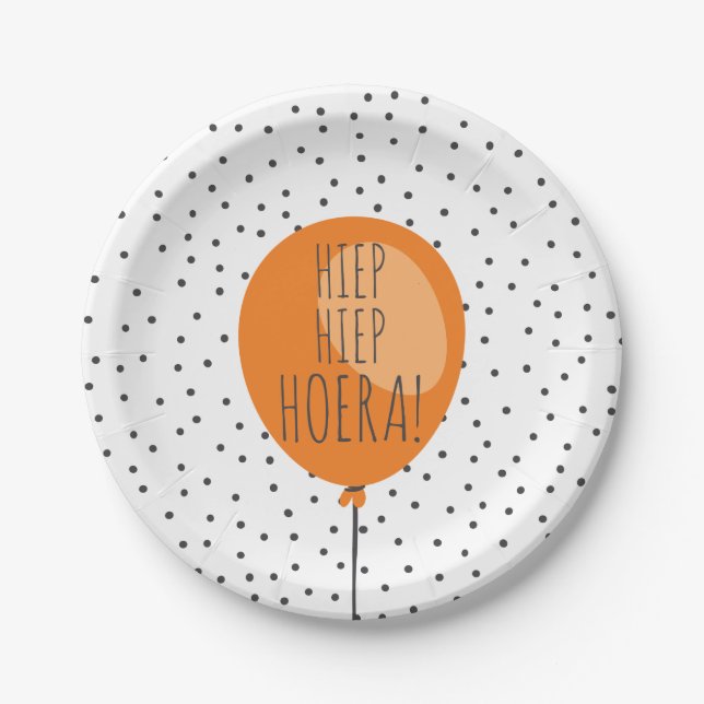 Hiep Hiep Hoera Orange Balloon Dutch Birthday Paper Plate (Front)