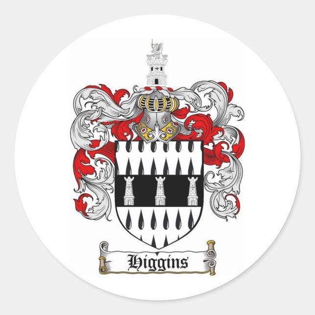 HIGGINS FAMILY CREST -  HIGGINS COAT OF ARMS CLASSIC ROUND STICKER (Front)
